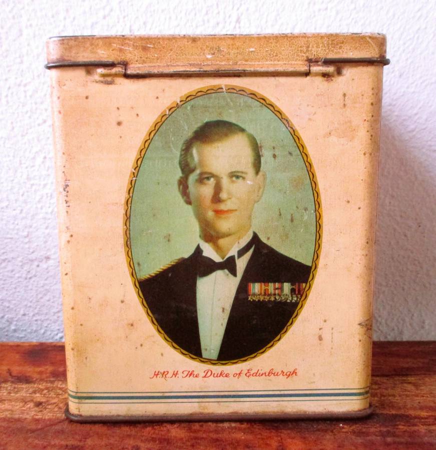 Vintage 1953 Queen Elizabeth II Coronation Souvenir Tea Tin - Duke of Edinburgh - 115x70x100mm