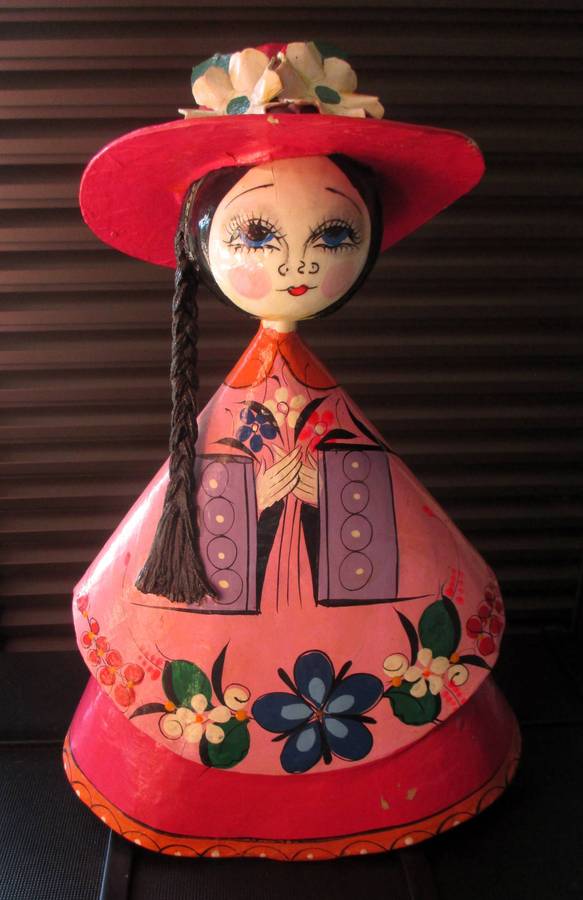 Vintage Mexican Folk Art Doll  Big Eyes Papier Mâché Figurine  Hand Painted 1960s1970s 33cm high.