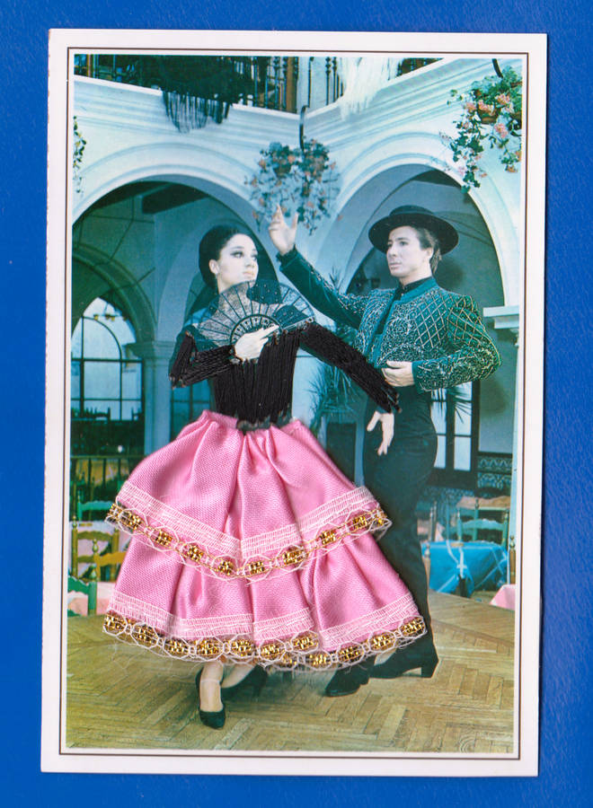 1950's Vintage Silk Embroidered Postcard Spanish Flamenco Lady in Dress. Ethnic Costume