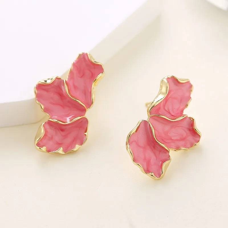 Pink Maple Flower  Enamel Petal Stud Earrings for Women