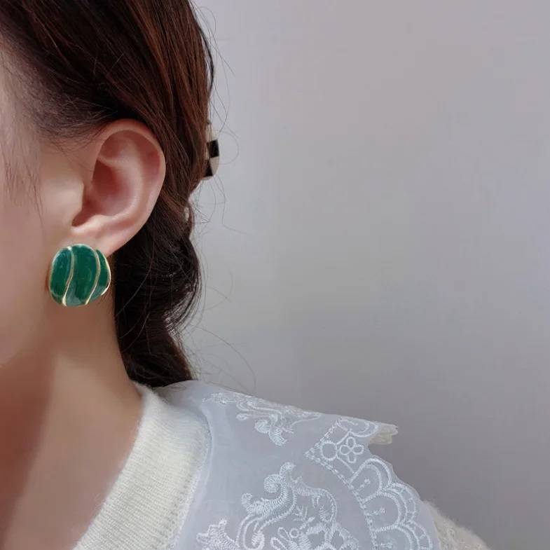 French Vintage Oil Dropping Green Earrings 925 Silver Needle
