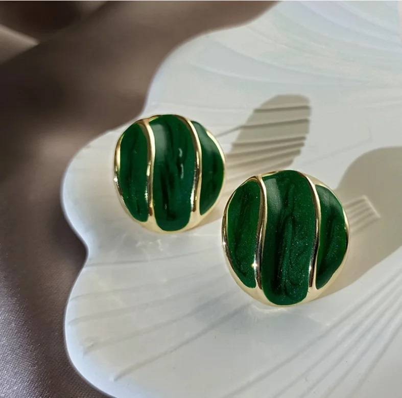 French Vintage Oil Dropping Green Earrings 925 Silver Needle