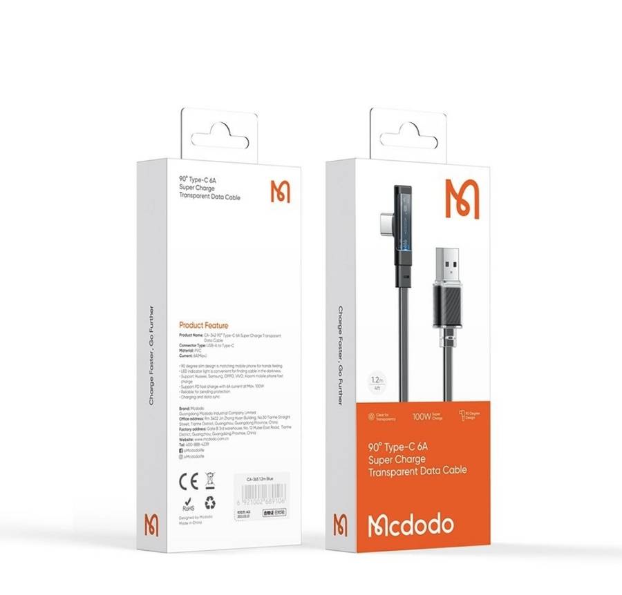 Mcdodo 65w USB C Type-C LED Fast Charging Cable 90 Degree Bend Flat Cable