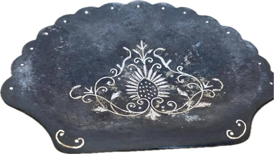 Antique vintage silver ring footed dish Indian Bidri art work inlaid silver on pewter