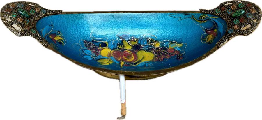 Vintage brass large enamel fruit  bowl Israel Jerusalem footed