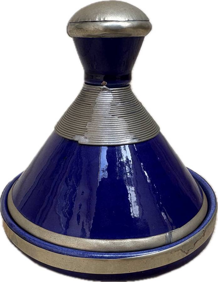 Vintage Moroccan tajines tagline cobalt blue terracotta with metal trimming