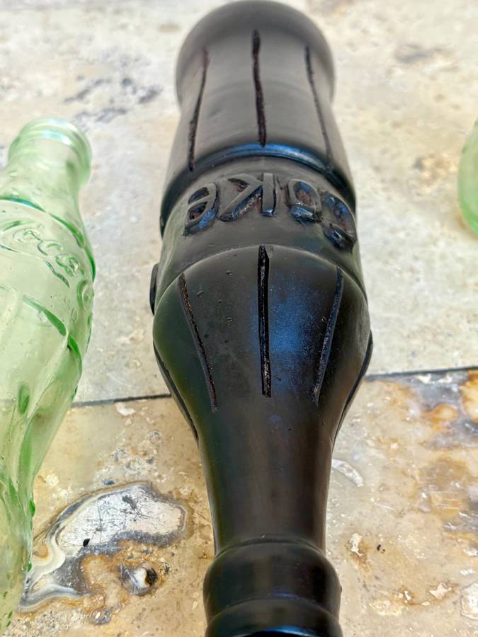 vintage ebony wood coke bottle sculpture with pair of coke glass pre deposit Coke 250 mm