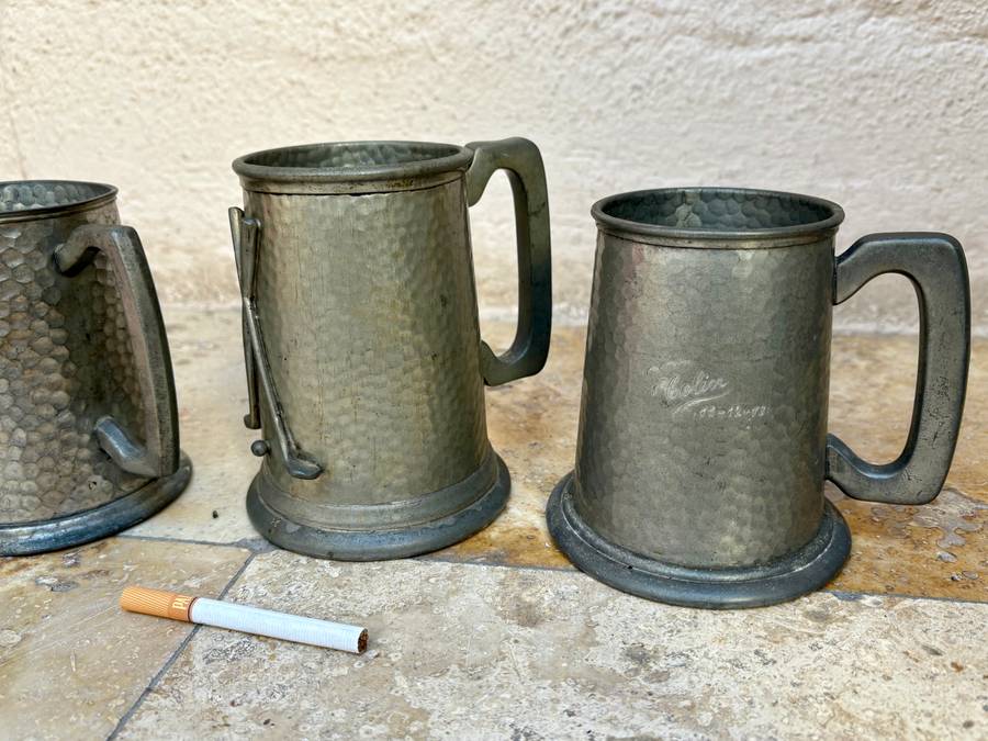 vintage hammered pewter tankard lot of 4 with  Golf tankard glass bottom