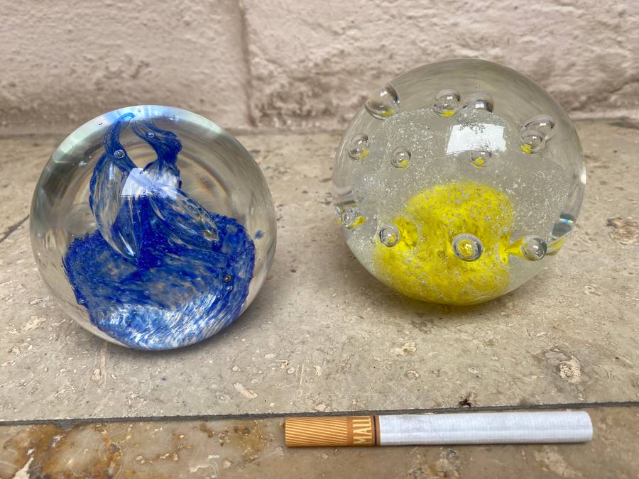 vintage Murano glass  paper weight paperweight pair bubbles Yellow and blue