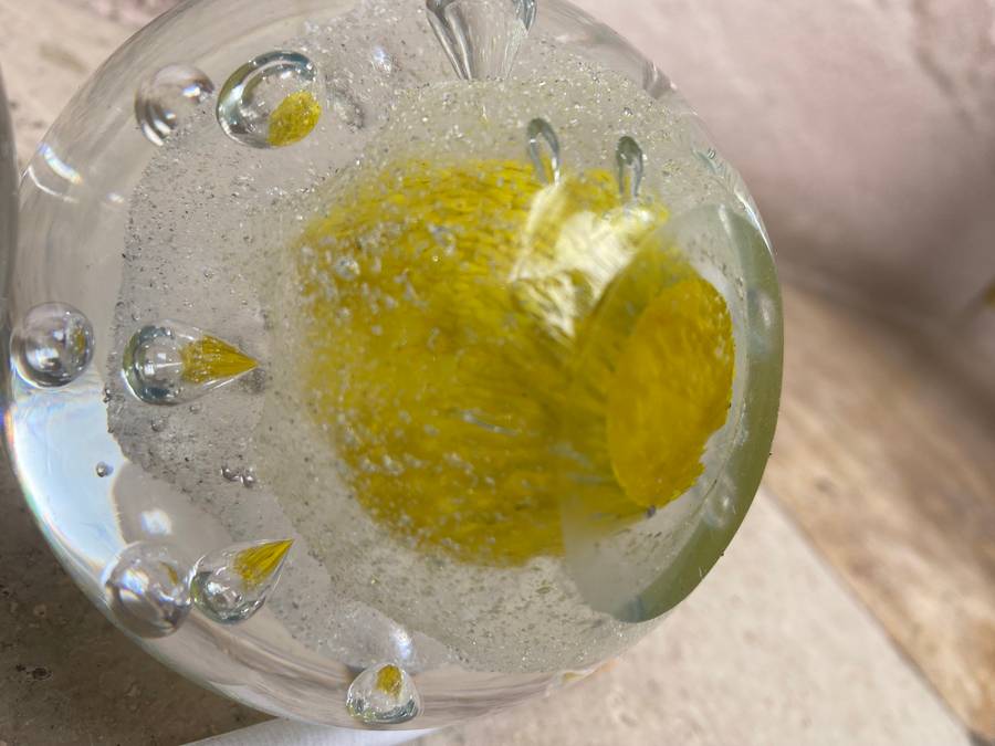 vintage Murano glass  paper weight paperweight pair bubbles Yellow and blue