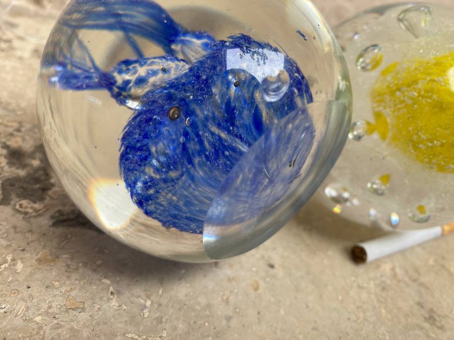 vintage Murano glass  paper weight paperweight pair bubbles Yellow and blue