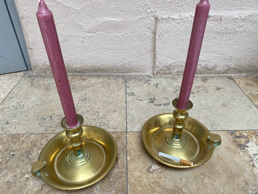 Vintage large brass chamberstick candle holder pair
