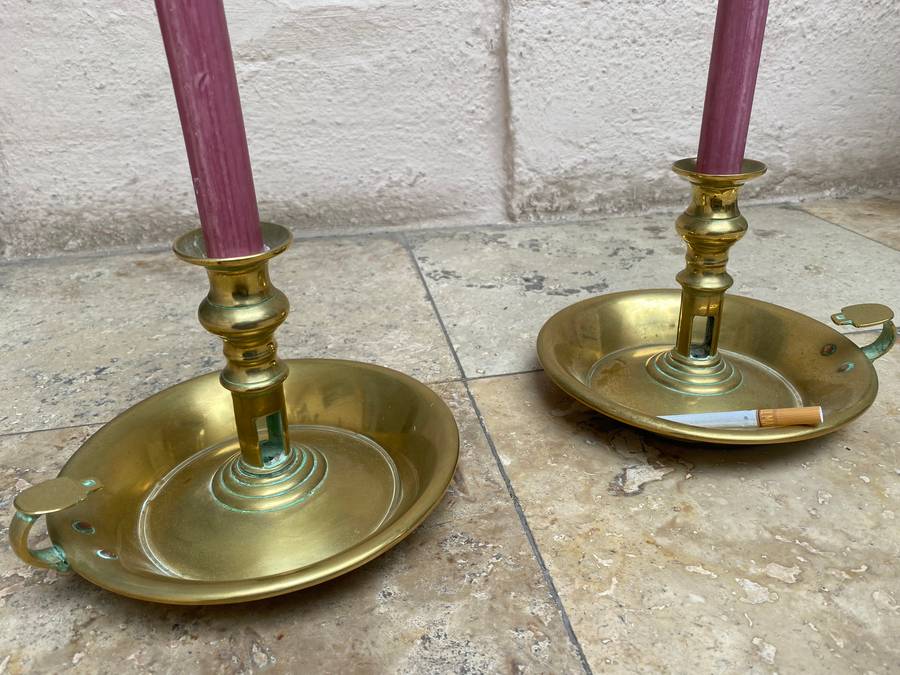 Vintage large brass chamberstick candle holder pair