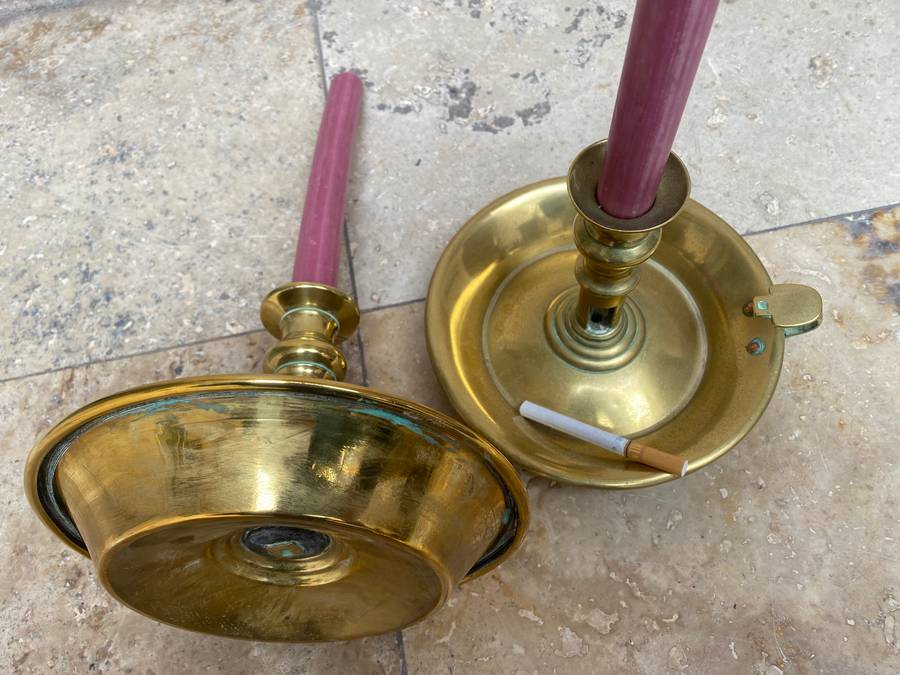 Vintage large brass chamberstick candle holder pair