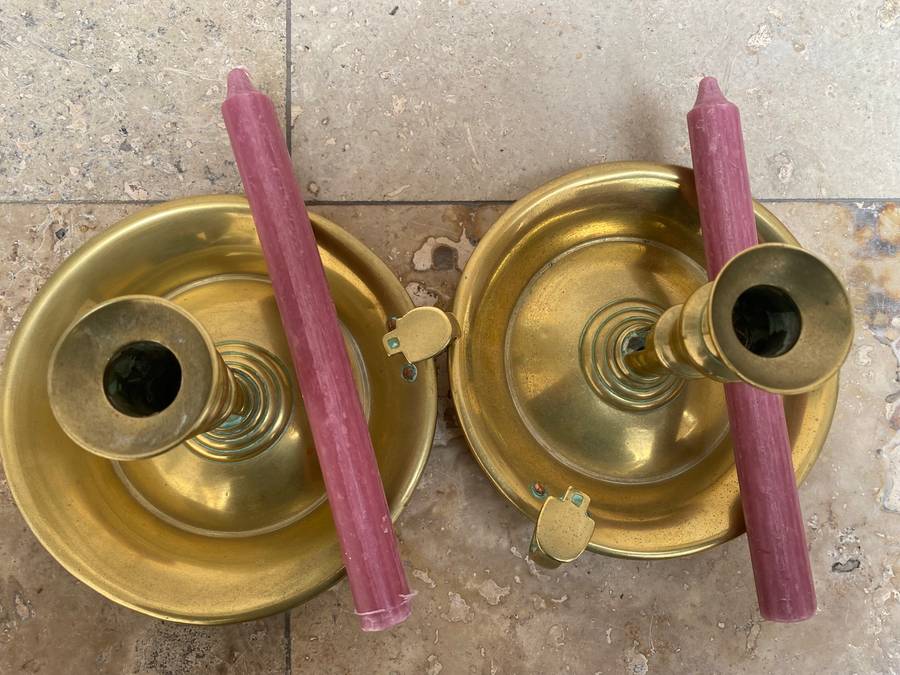 Vintage large brass chamberstick candle holder pair