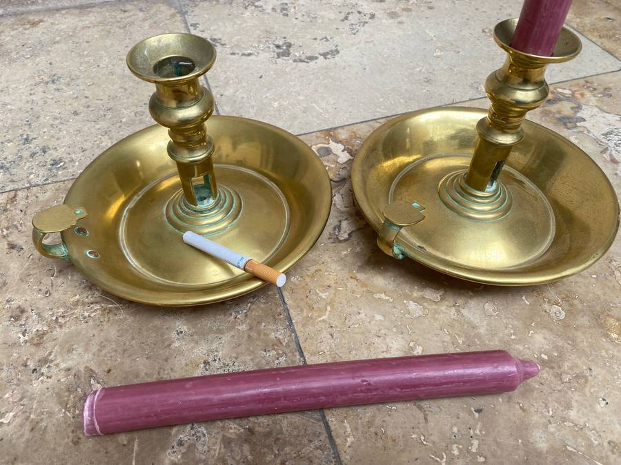 Vintage large brass chamberstick candle holder pair