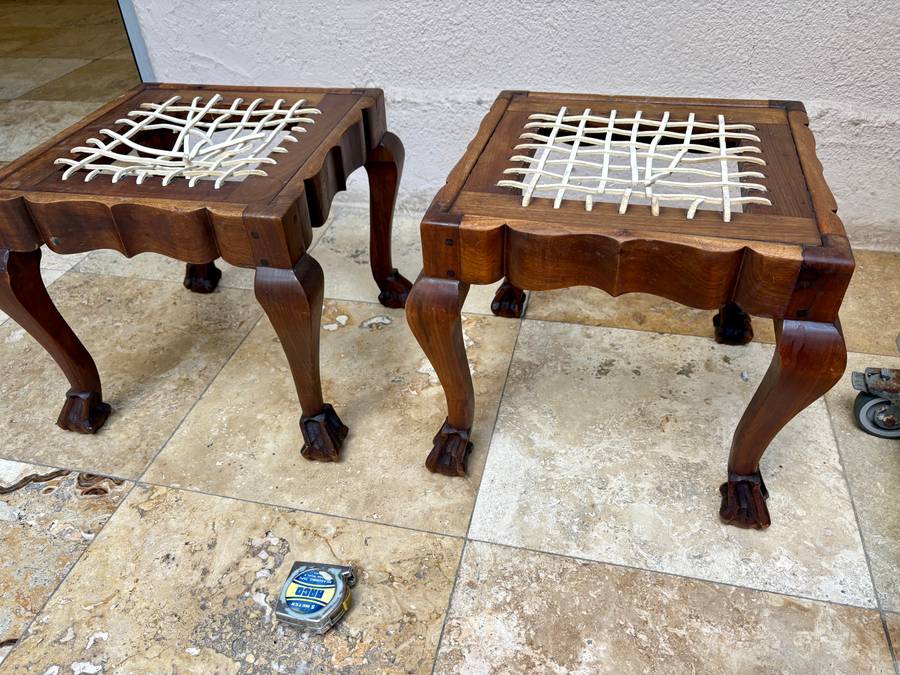 Vintage Riempie stool , chair , luggage rack pair tlc