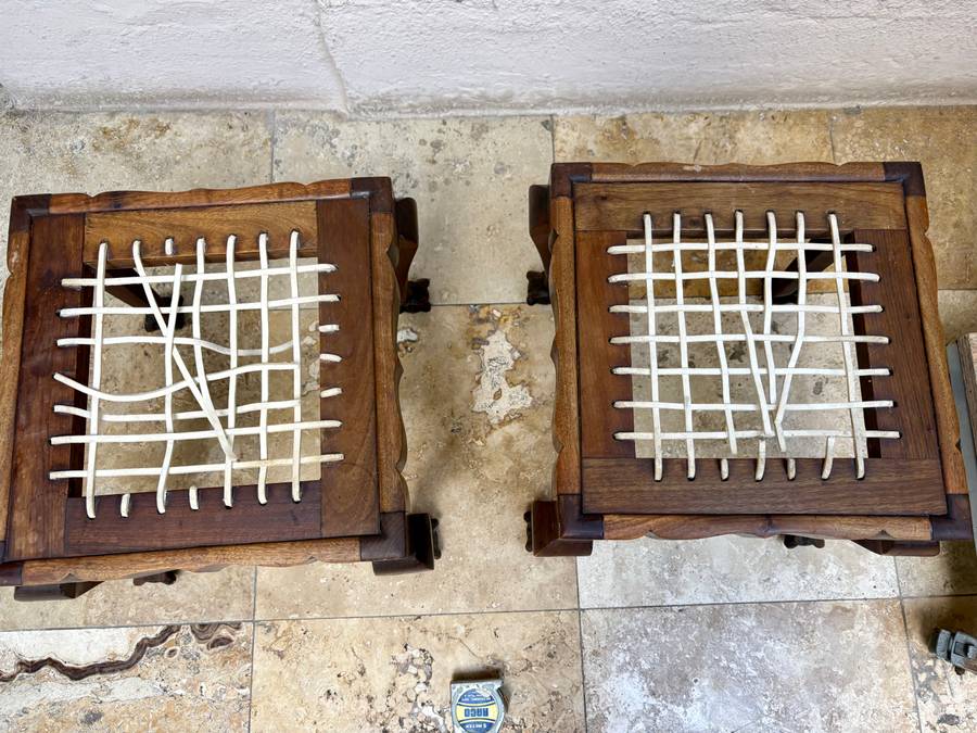 Vintage Riempie stool , chair , luggage rack pair tlc