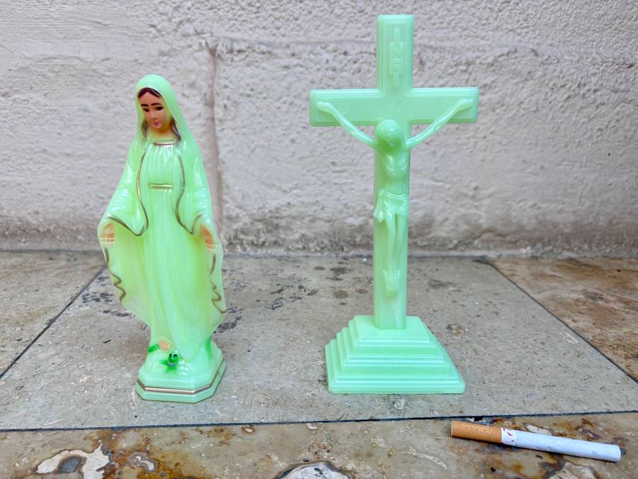 Luminous crucifix +  mother Virgin Mary figure pair