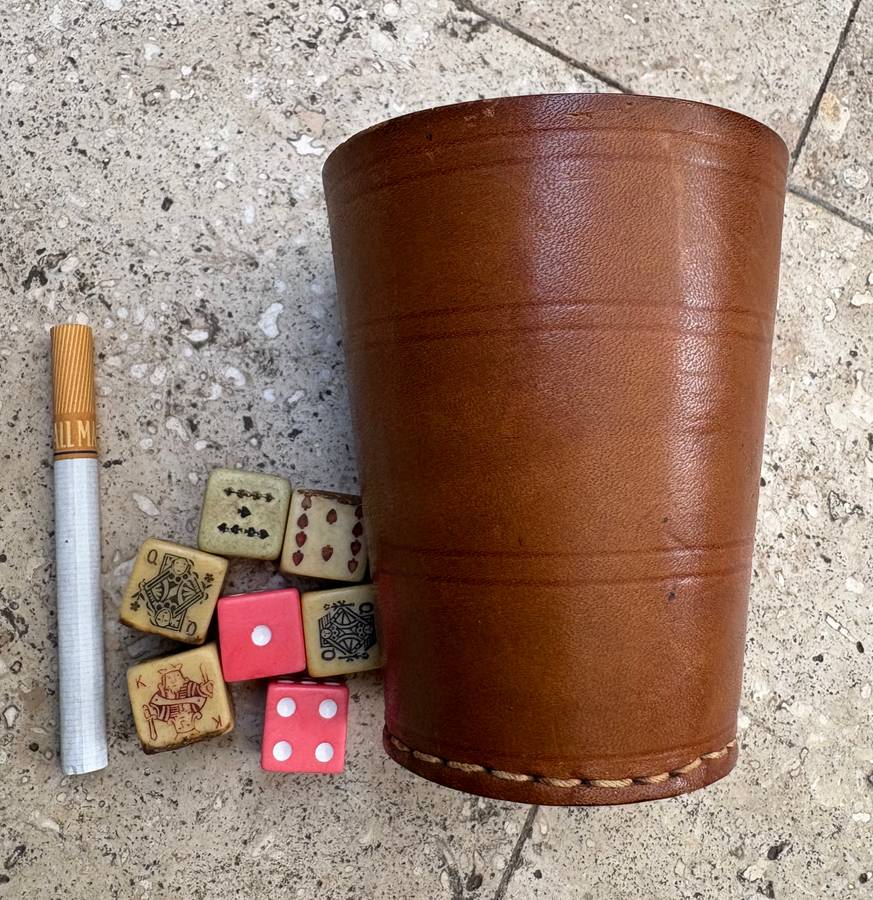 Vintage leather dice cup with dice and  Bakelite poker dice
