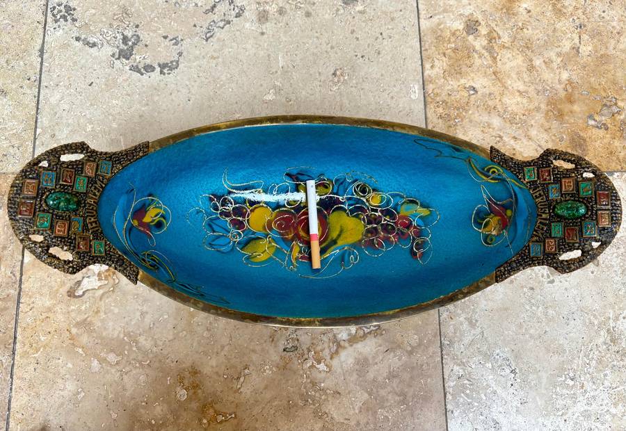 Vintage brass large enamel fruit  bowl Israel Jerusalem footed