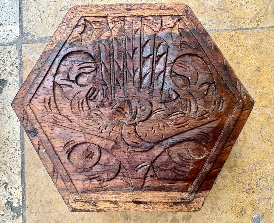 Vintage hexagonal wood trinket box pair hand carved with peacock bird detail  , India