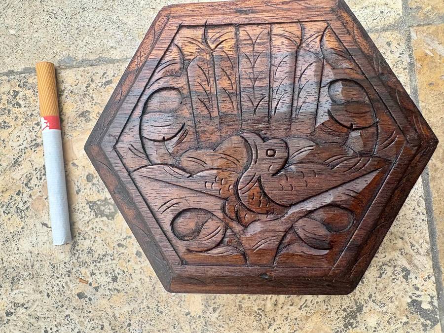 Vintage hexagonal wood trinket box pair hand carved with peacock bird detail  , India