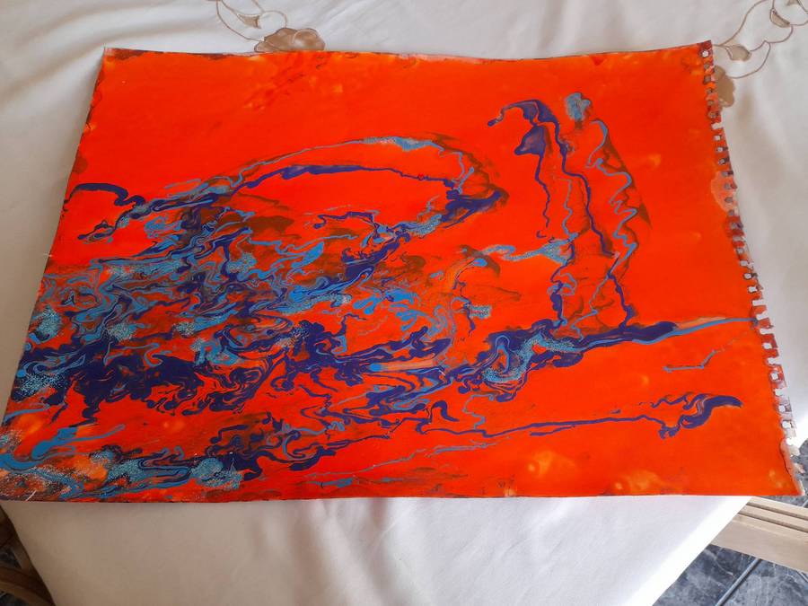 Neon Orange And Blue Acrylic Abstract Art Painting On Acrylic Paper ( A3 Size ) Without A Frame