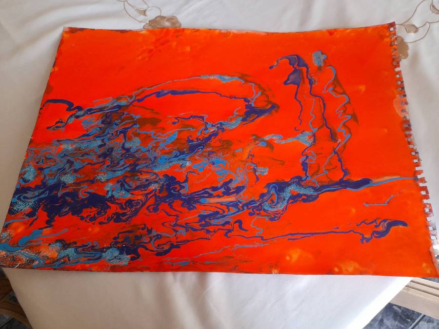 Neon Orange And Blue Acrylic Abstract Art Painting On Acrylic Paper ( A3 Size ) Without A Frame