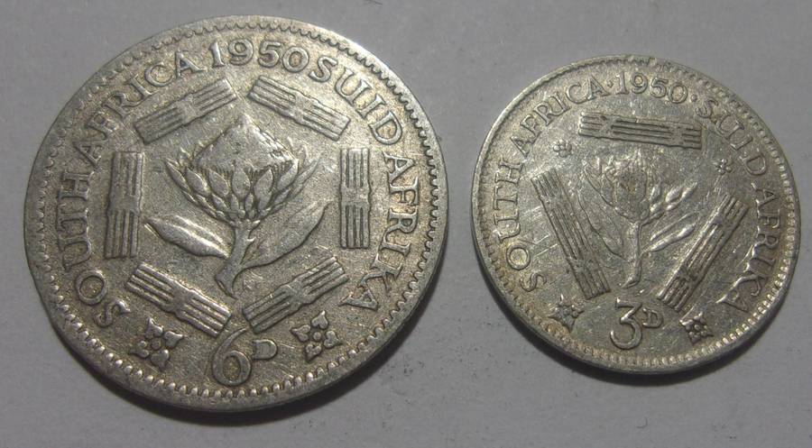 1950 silver South Africa 6 and 3 Pence coins for 1 bid