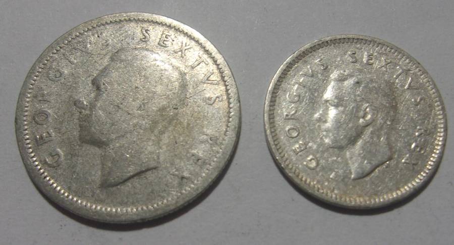 1950 silver South Africa 6 and 3 Pence coins for 1 bid