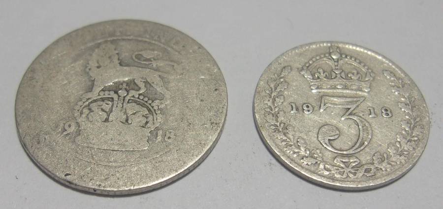 1918 silver British 6 and 3 Pence coins for 1 bid
