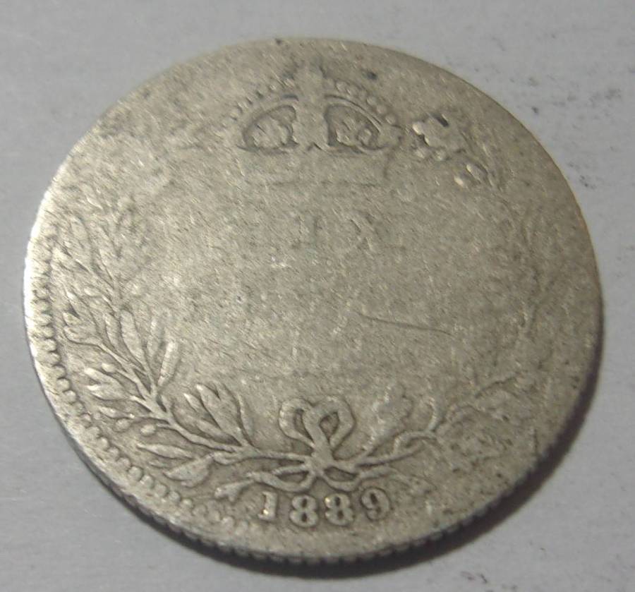 1889 silver British 6 Pence coin