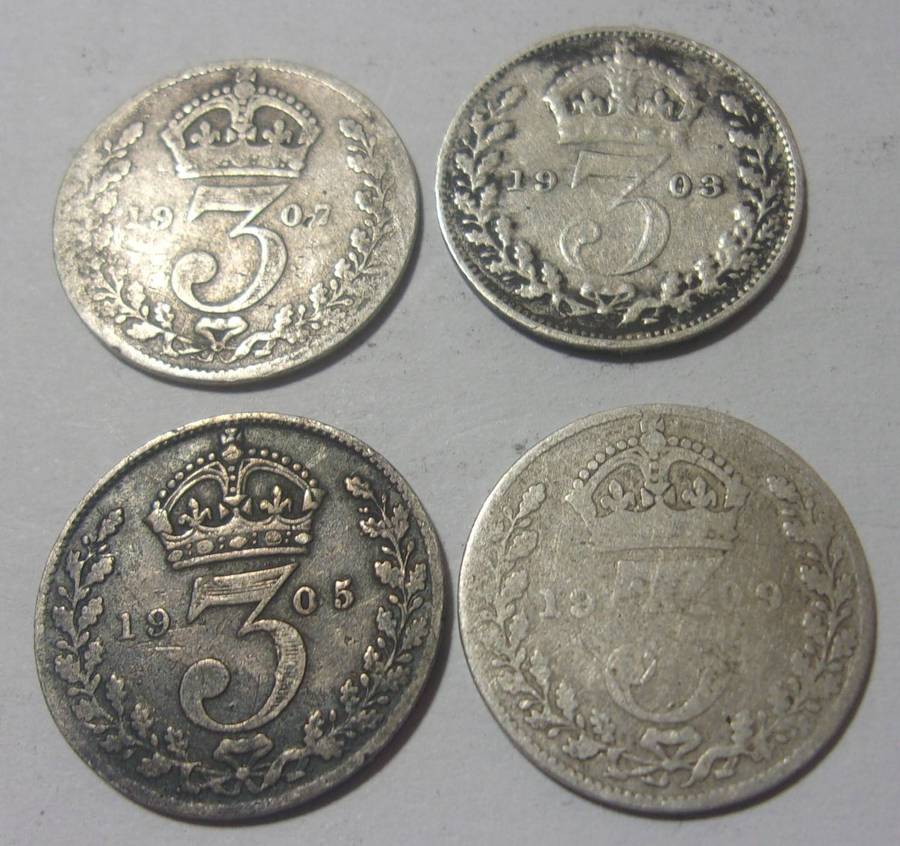 1903, 1905, 1907, 1909 silver British 3 Pence coins for 1 bid