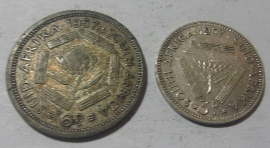 1957 silver South Africa 6 and 3 Pence coins for 1 bid