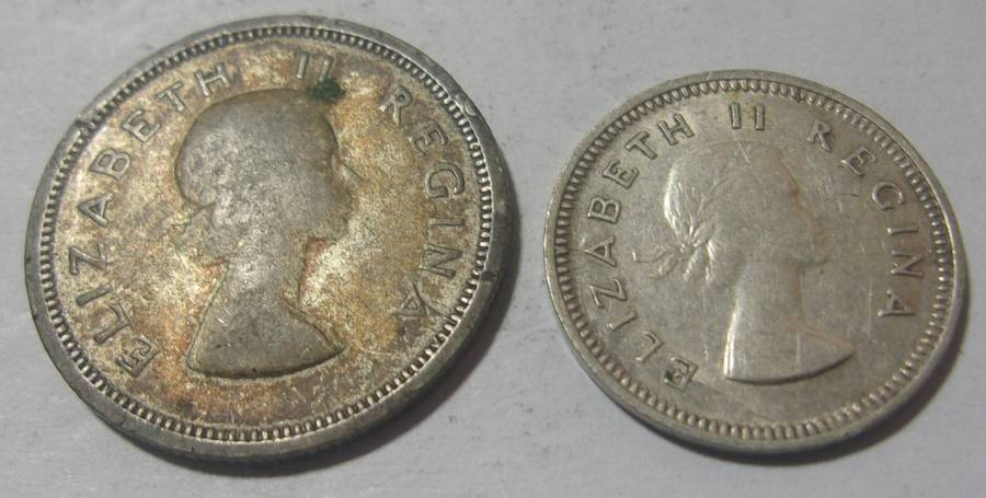 1957 silver South Africa 6 and 3 Pence coins for 1 bid