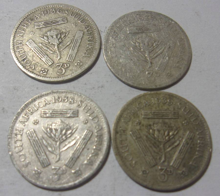1936-1939 silver South African 3 Pence coins for 1 bid