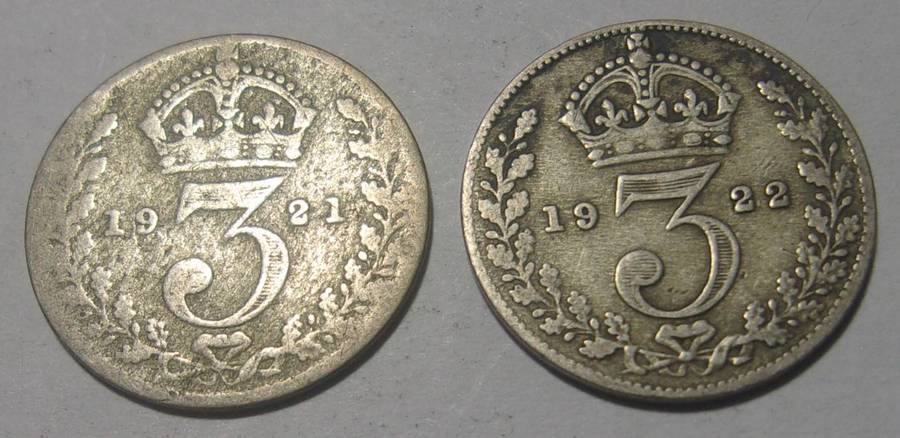 1921, 1922 silver British 3 Pence coins for 1 bid