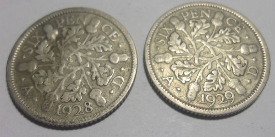 1928 & 1929 silver British 6 Pence coins for 1 bid - last coin lots