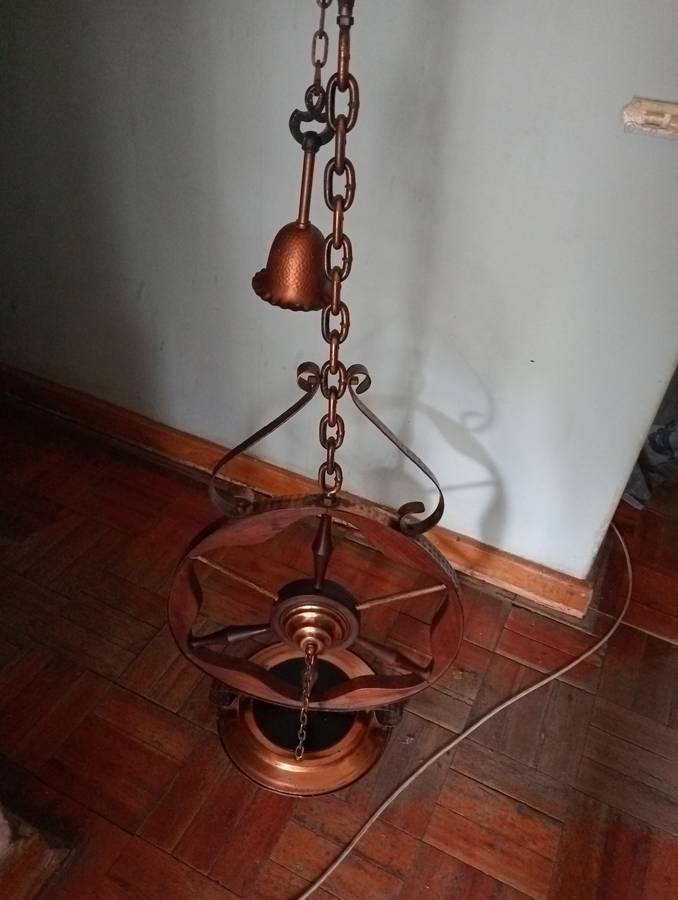 ANTIQUE  INTERESTING HANDMADE WOOD  WHEEL WITH COPPER TRIMMINGS AND COPPER  CHAINS STAND