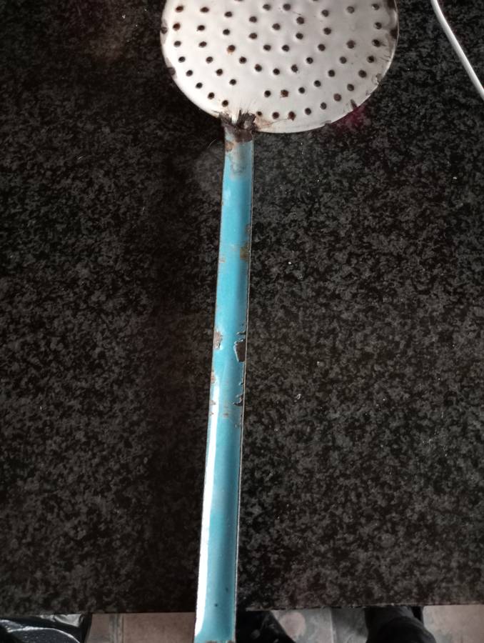 VINTAGE ENAMEL SOUP LADDLE AND STRAINER