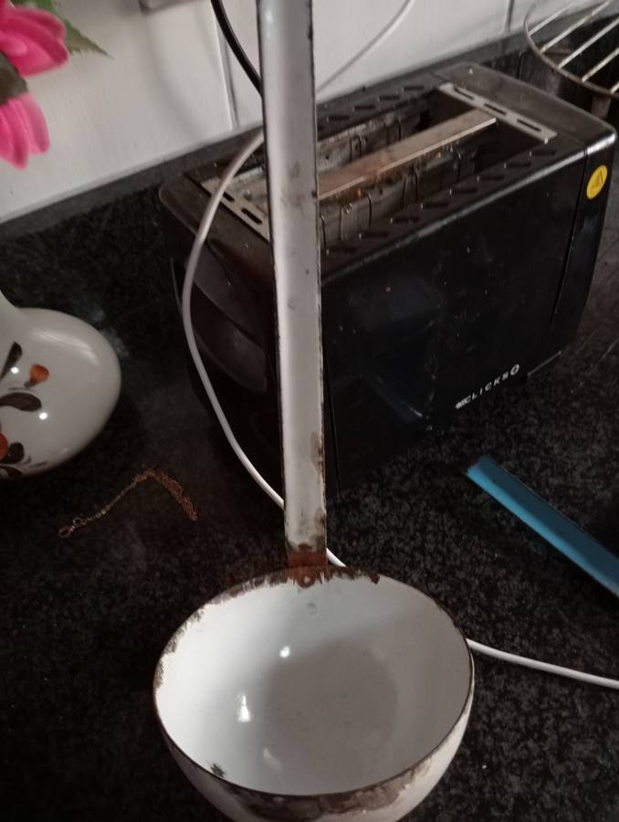 VINTAGE ENAMEL SOUP LADDLE AND STRAINER