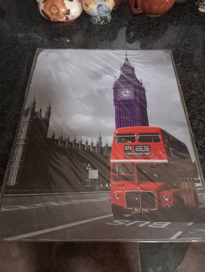 VINTAGE BIG BEN WITH TRAVEL BUS TIN PLATE