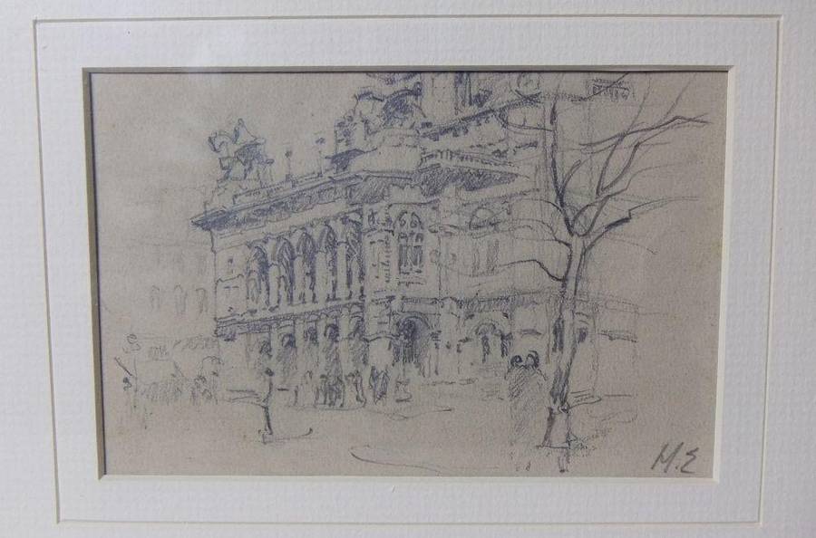 An original signed pencil sketch by international artist Hedwig Brecher Eibuschitz " architecture "