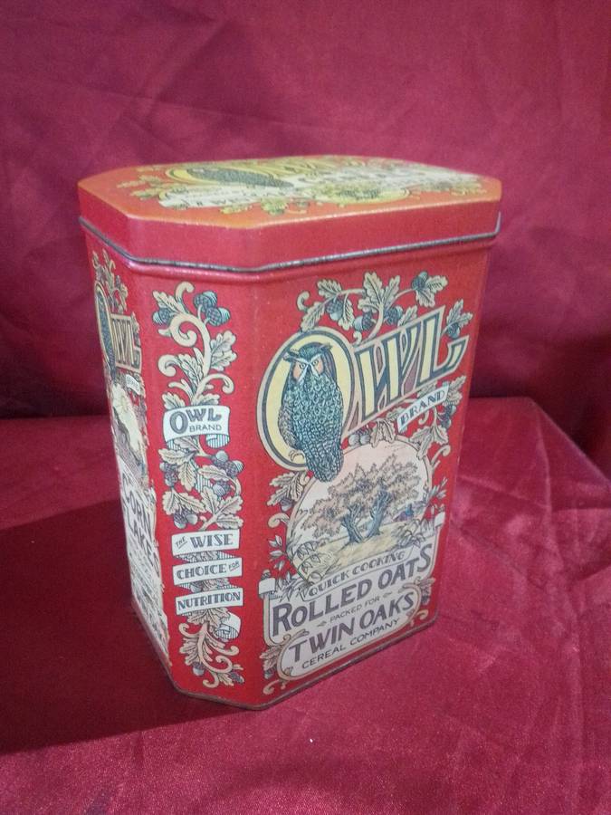 Vintage Owl Brand Twin Oaks Cereal Company Tin