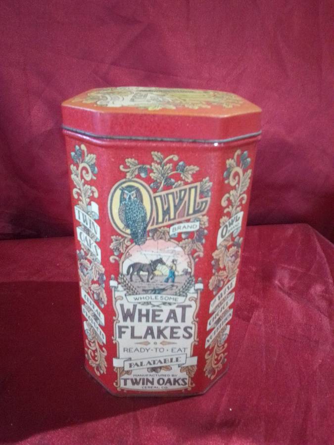 Vintage Owl Brand Twin Oaks Cereal Company Tin