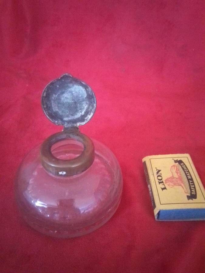 Antique Glass Ink Well with Brass Top