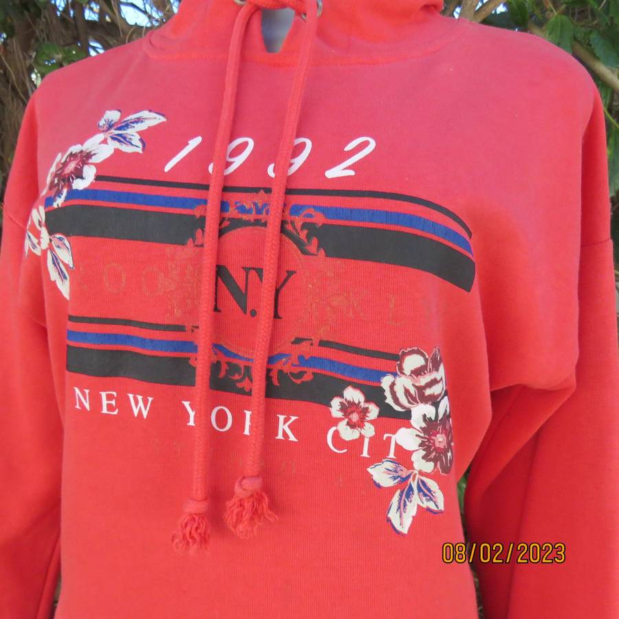 NEW LOOK crimson red hooded top with drawstring. Size 36. Warm inner.