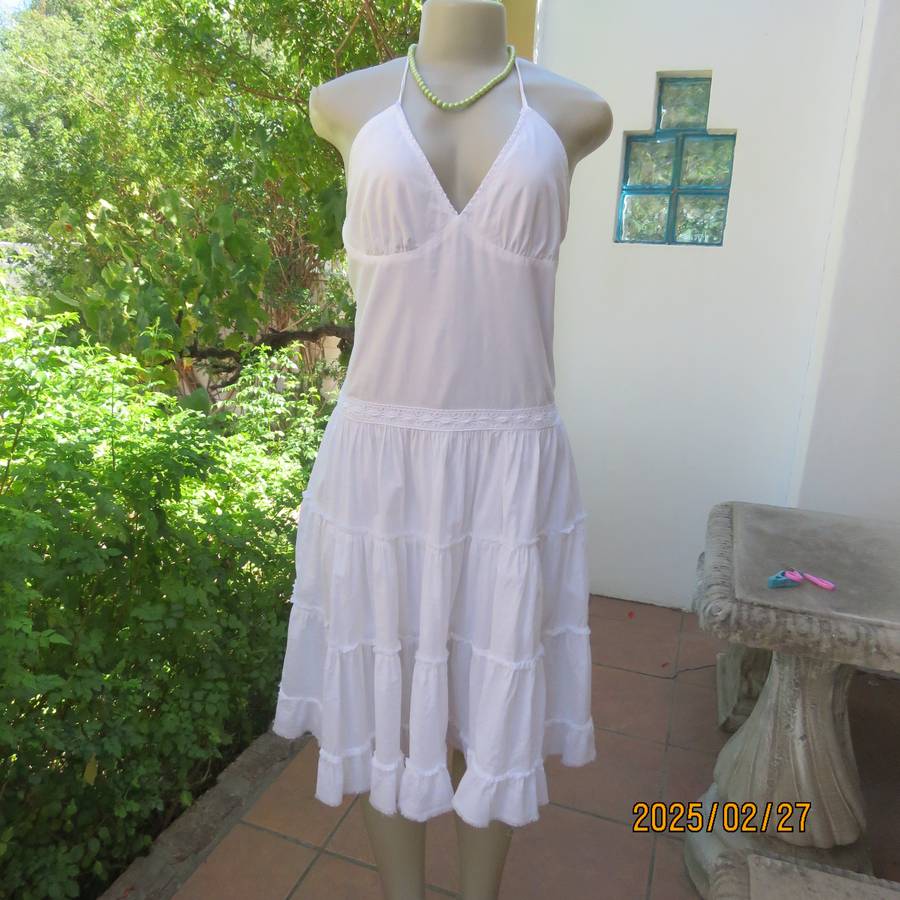 Magnificent white RT DENIM halter neck cotton dress with lining. Under bust gathering. Size 34.