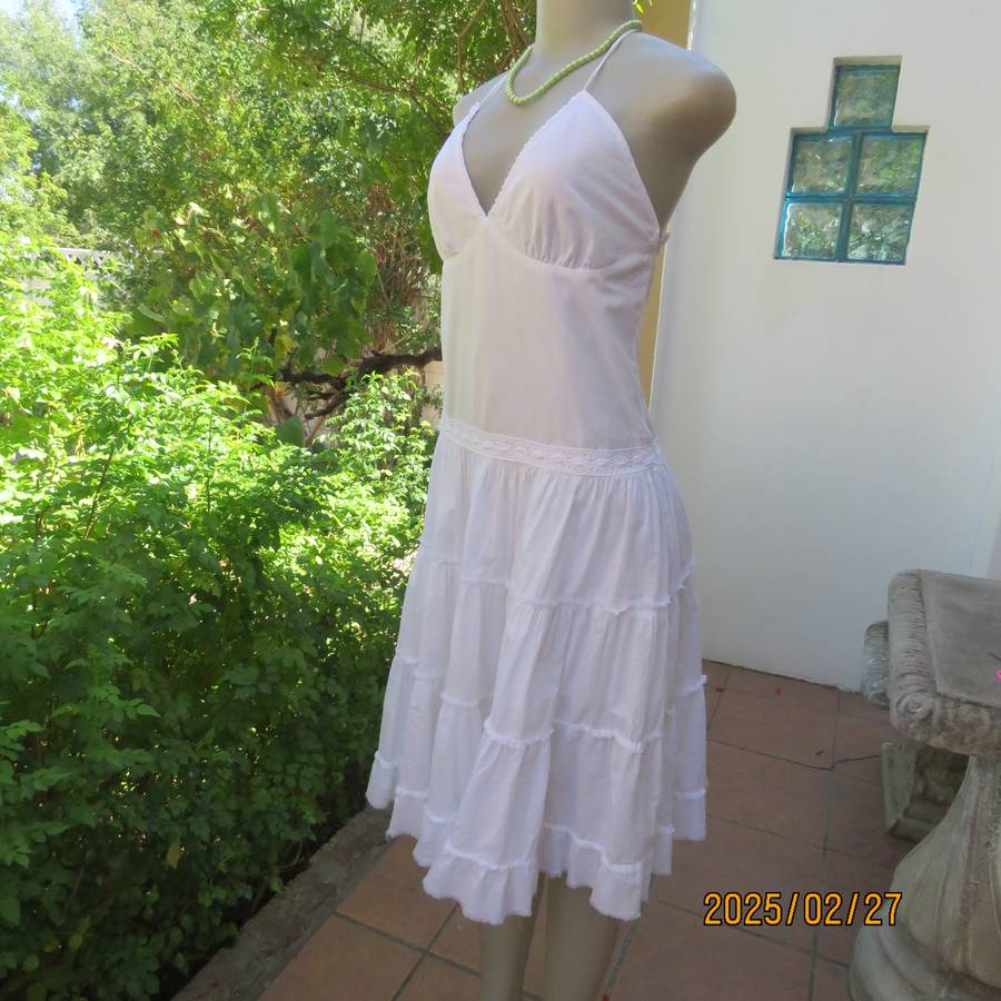 Magnificent white RT DENIM halter neck cotton dress with lining. Under bust gathering. Size 34.